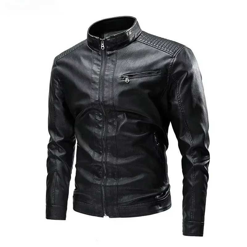 New Spring and Autumn Mens PU Jacket Mens Leisure Motorcycle Stitched Standing Collar Bicycle Warm Wool Lining Mens CoatsT250311