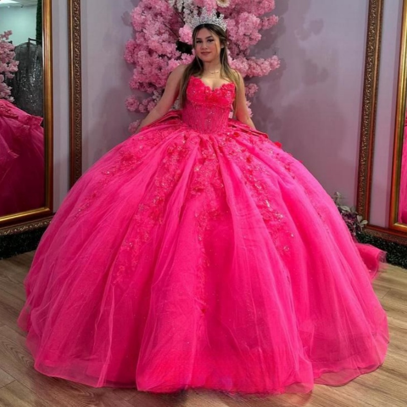 Glitter Rose Red Quinceanera Dresses Off The Shoulder Princess Luxury Applique Lace Bow Beading Crystal Tull Sweet 16 Dress Vestidos 15 De Anos