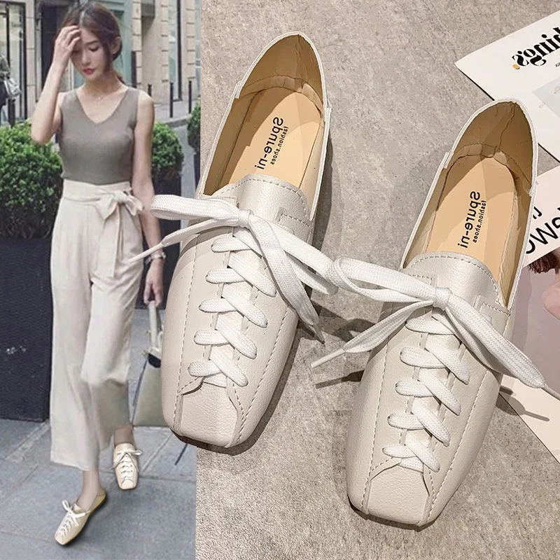 ZANPACE Casual Square Toe Platform Shoes Spring Lace-Up PU Loafers Women Shoes Soft Flat with Leather Shoes Female 250305