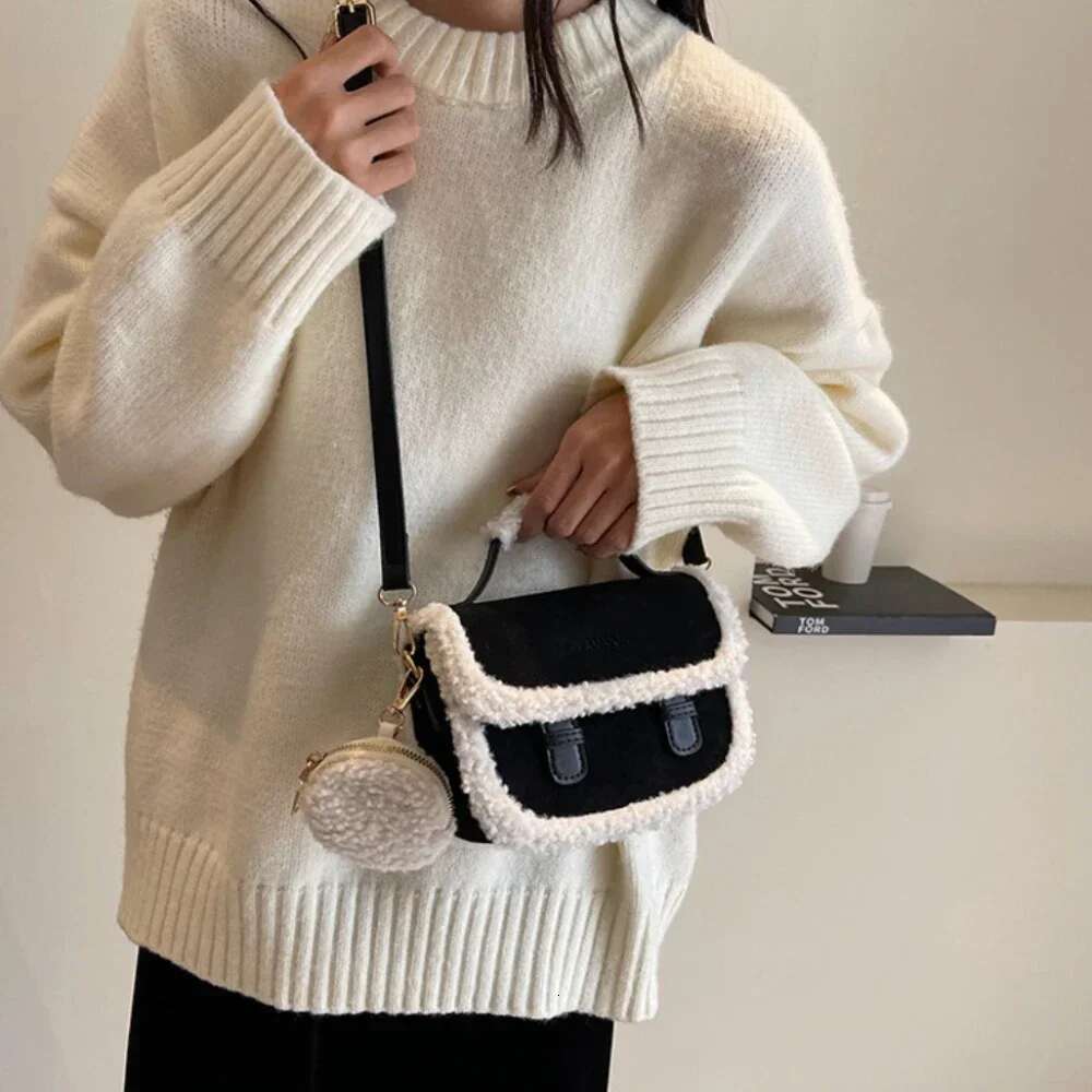 2024 Winter New Women's Plush Small Square Color Contrast Design Single Shoulder Crossbody Bag Brown Handbag Bolsas De Mujer