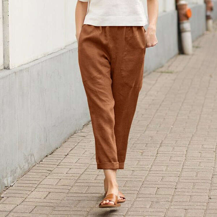 plus size cotton and en casual solid color cropped loose pocket harem pants women's 2025 temperament versatile new trend clothing ins