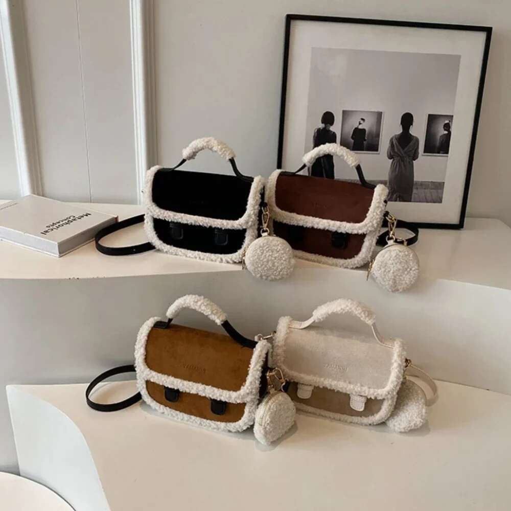 2024 Winter New Women's Plush Small Square Color Contrast Design Single Shoulder Crossbody Bag Brown Handbag Bolsas De Mujer