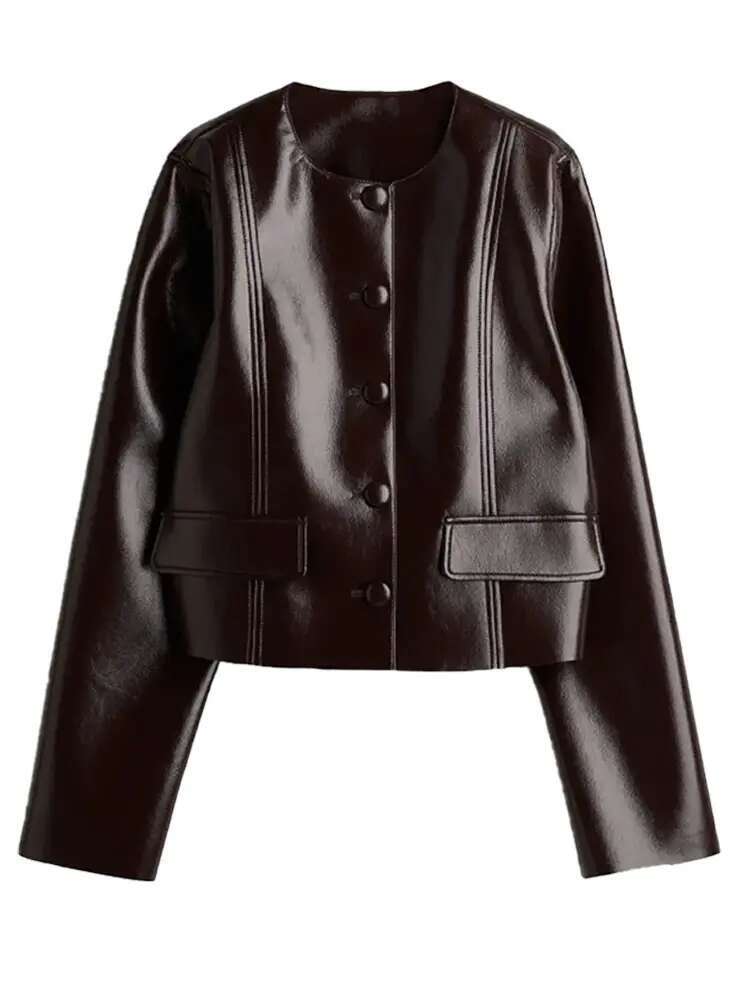 Fashion PU Leather Jackets For Women Single Breasted Motorcycle Round Collar Chic Coats Female Y2k Long Sleeve Street Lady Tops