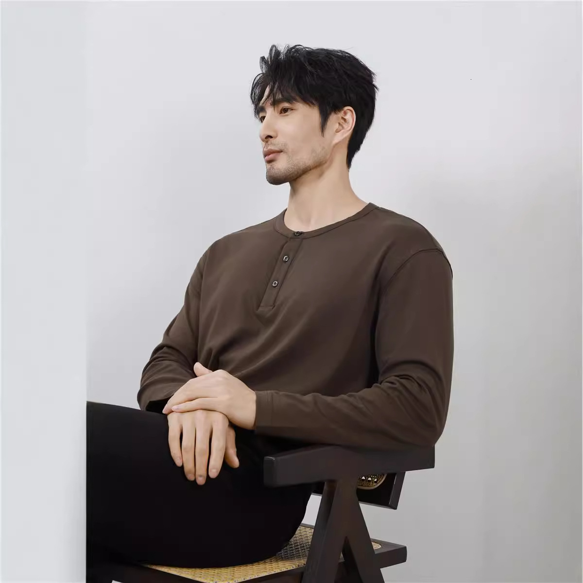 collar long sleeved base shirt men's T-shirt round neck autumn interior casual trendy top solid color new style tracksuit polo