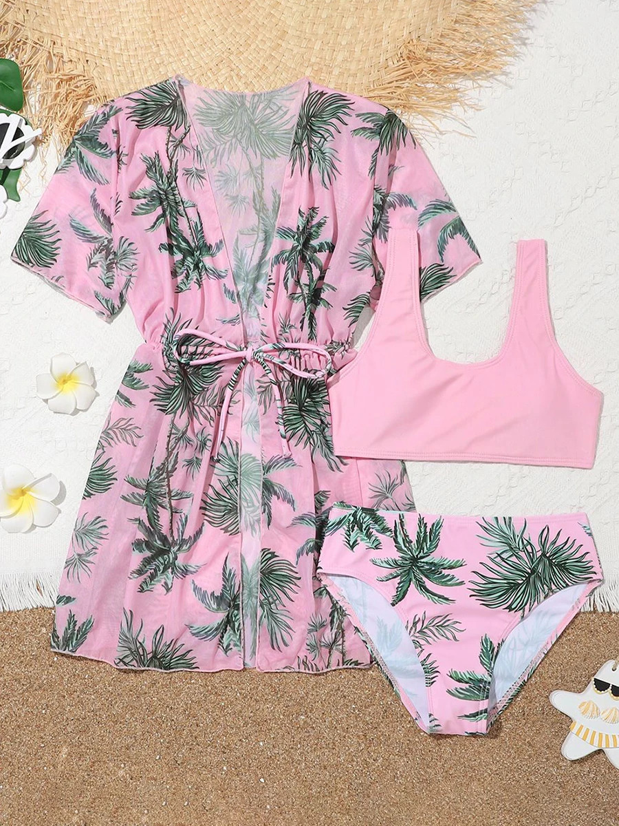 3 Pieces Tropical Print Bikini Girls Swimsuit with Kimono Kids Swimwear Female Bathers Bathing Swimming Swim Suit Beachwear 250311