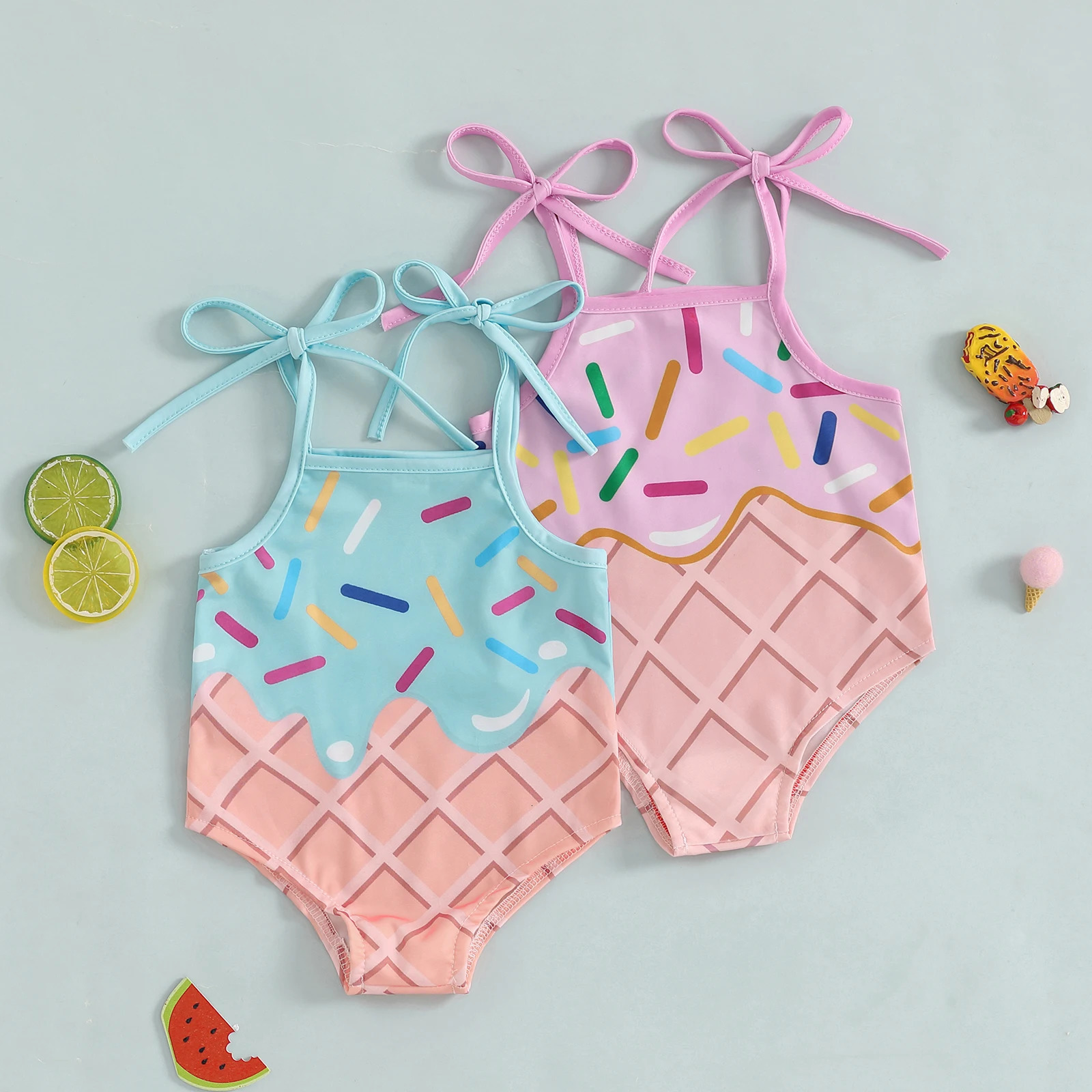 Infant Baby Girls Bikini Ice Cream Print Swimsuit Toddler Cotton Elastic Sleeveless Swimwear Children Summer Beach Swimming Suit 250311