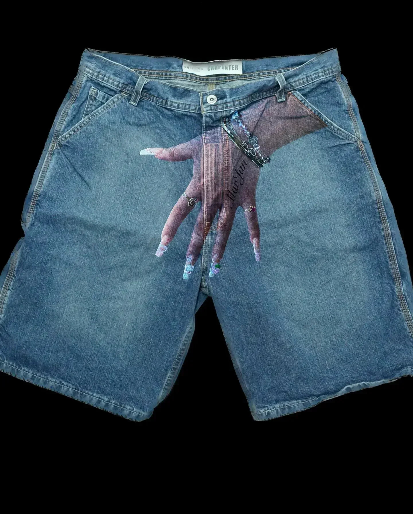 Blue Baggy Denim Gym Shorts Hip Hop Y2K Shorts Pants Mens Harajuku Retro Graphic Shorts Print Gothic Sweatpants 250310