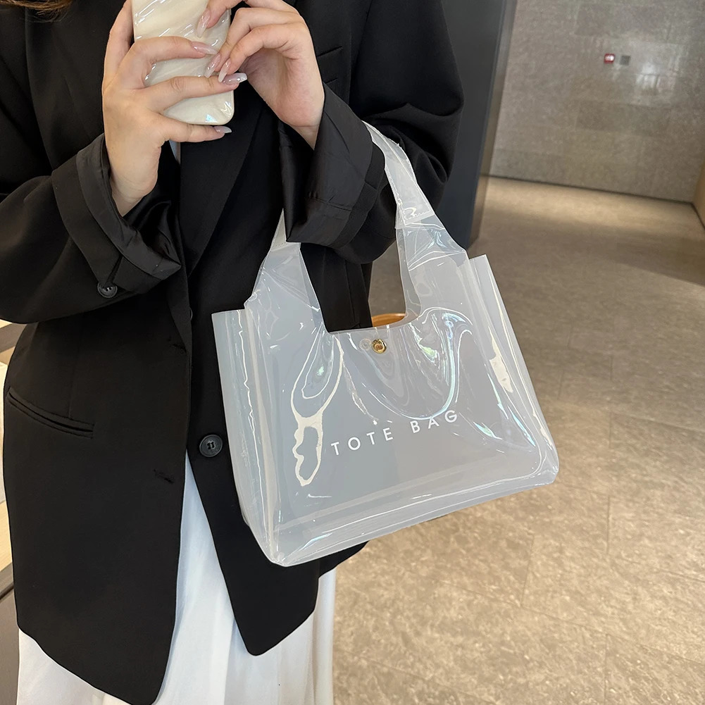 Ladies PVC Large Capacity Shoulder Bags Magnetic Closure Clear Grocery Bag Transparent Waterproof Storage Pouch Simple Tote Bags 250305