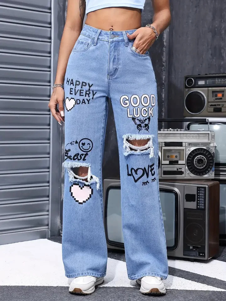 Womens High Waist Button Up Print Jeans Fashion Casual Straight Pants for Women Spring Summer Chic Ripped 250311