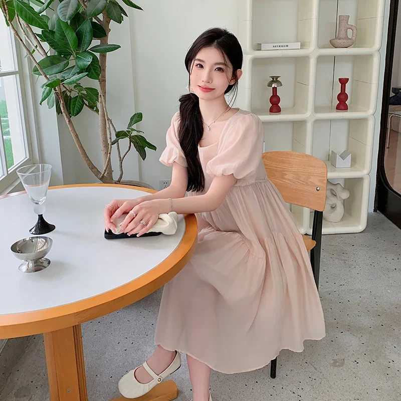 French Style Sweet Pregnant Woman Cake Dress Solid Color Maternity Ball Gown Princess Party Dress Loose Casual Midi DressesT250311