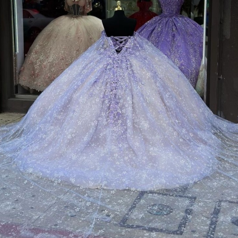 Lavender Lilac Quinceanera Dresses Ball Gown Applique Beading Tulle With Cape Corset Sweet 16 Dress Vestidos De XV 15 Anos