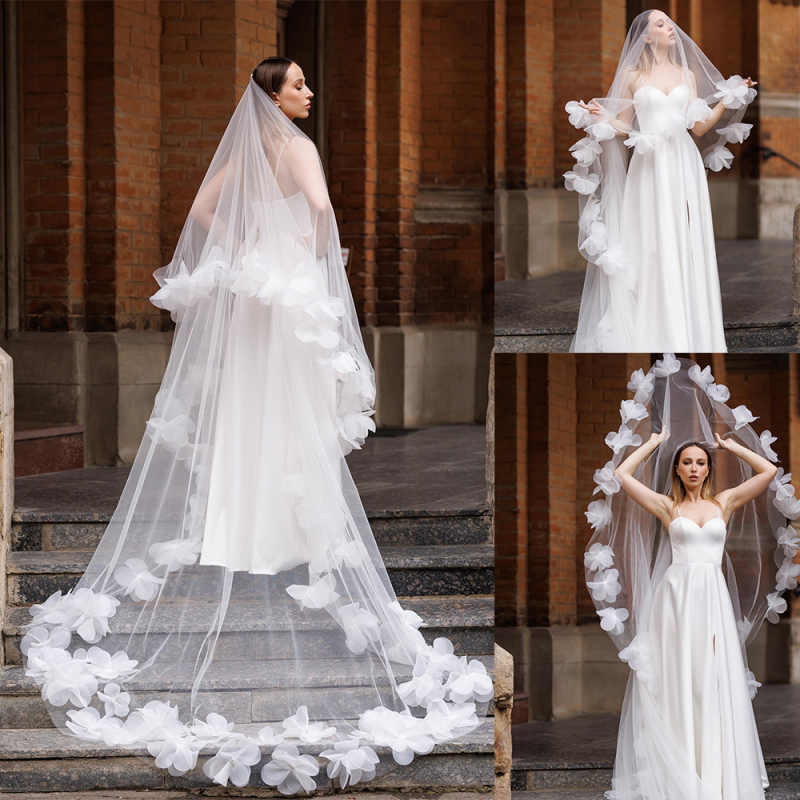 Customized Wedding Veils 3D Hand Made Flowers Edge Hair Accessories Long Floral Bridal Veil With Comb