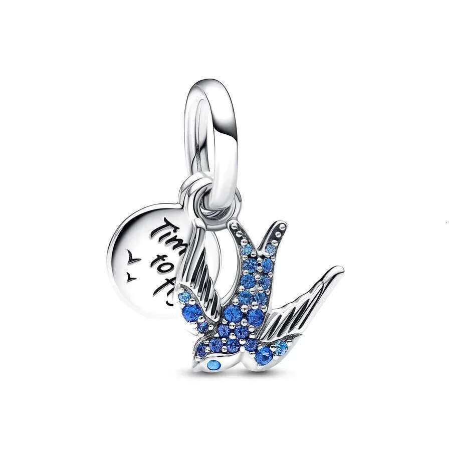 New 925 Sterling Silver Pretty Swallow Quote Double Dangle Charm Flying Unicorn Pig Cloud Swallow Curved Feather Clip Charm