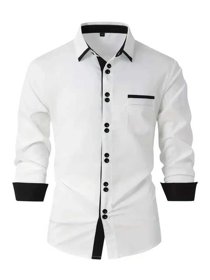 Mens Business Casual Cotton Shirt with Pocket Color Matching Lapel Comfortable Long Sleeve Top for Holiday W250312