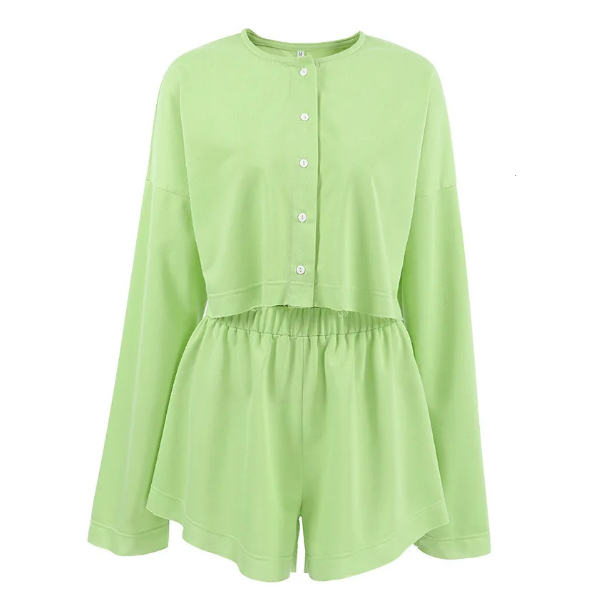 Casual Solid Color Home Two Piece Set Women Fashion Round Neck Single Breasted Long Sleeved Short Top Elastic Waist Shorts 250311