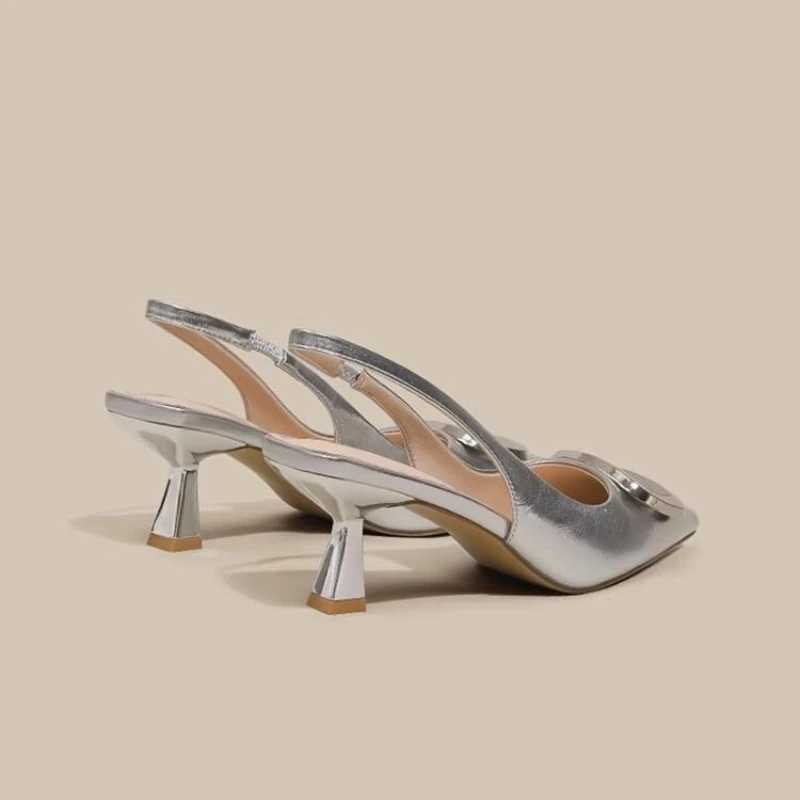 Wens Summer New New High-Heeled Pointed Metal Decorative Baotou Slip-Up Slippers Fashion Temperament Hot Stiletto Sandals Z250311
