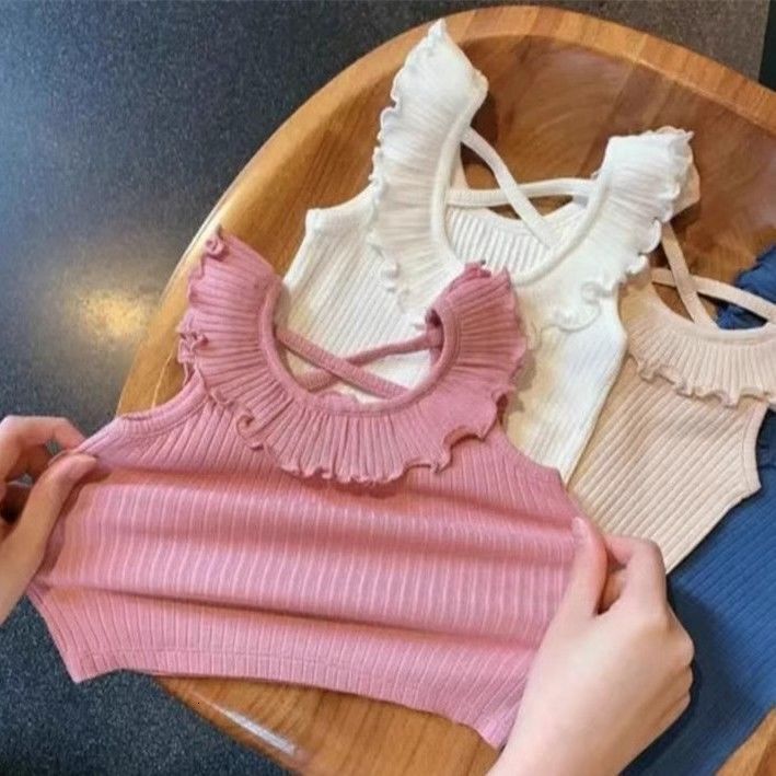 Ddmyshoesvip Summer New Little Girls Tank Top With Mushroom Edge Fashionable Versatile Trendy For Middle And Small Children S Tops