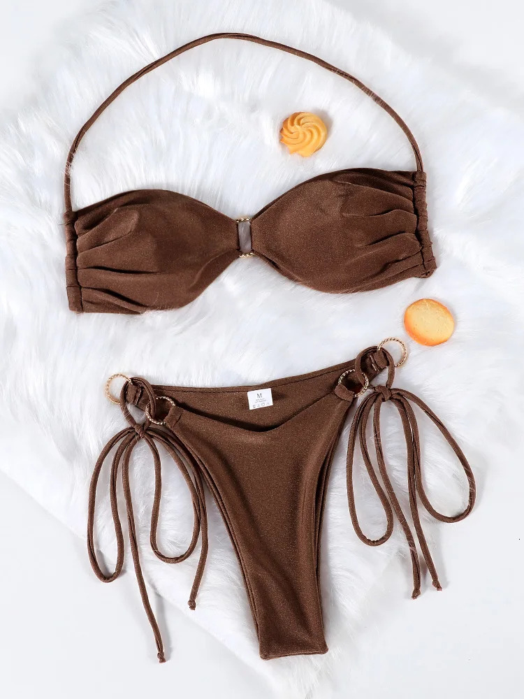 Rinabe Halter Bikini Push Up Swimsuit For Women Low Waist Set Solid Bathing Suit Bikinis Beachwear Sexy Swimwear 250310