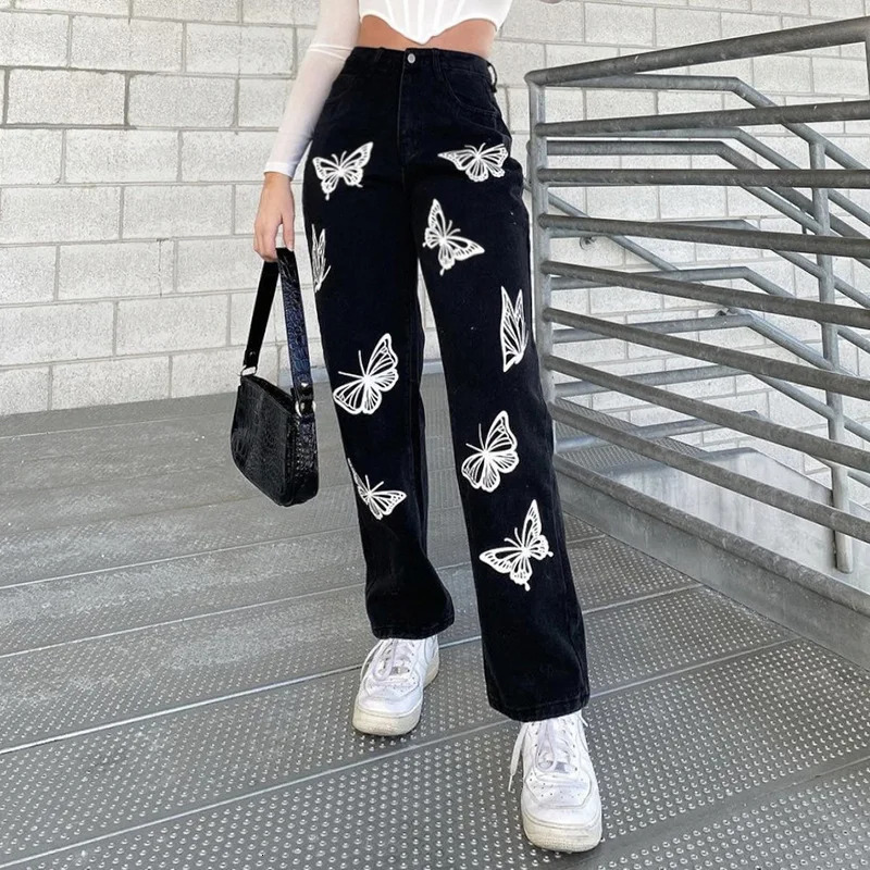 Black Baggy Jeans Women Print Aesthetic Denim Pants Fashion High Waist Straight Long Trousers Ladies Streetwear 250311