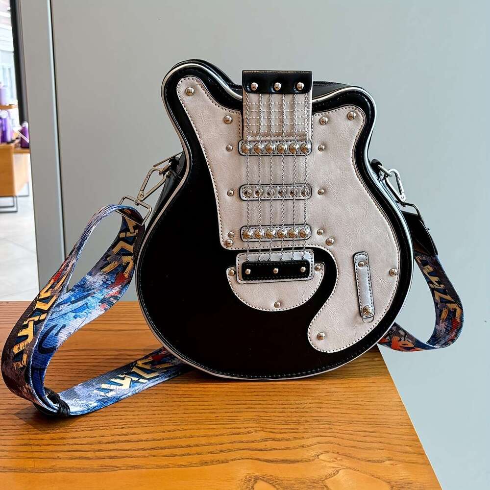 2024 Niche Guitar Shaped Y2K Style Novelty Crossbody Bag, Rivets Decor Trendy Shoulder Bag