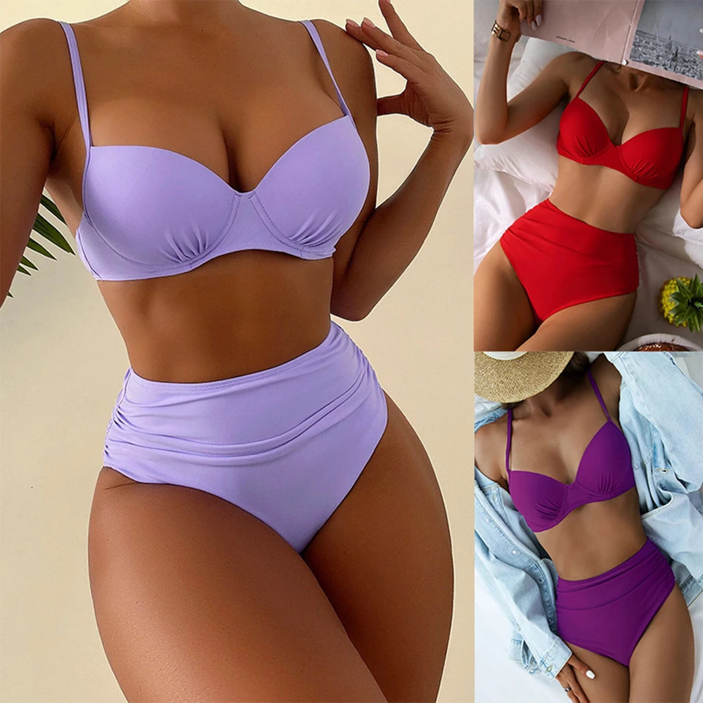Solid Ruched Bikini Swimsuit High Waisted Women Sexy RedPurple TwoPiece Set Summer 250310