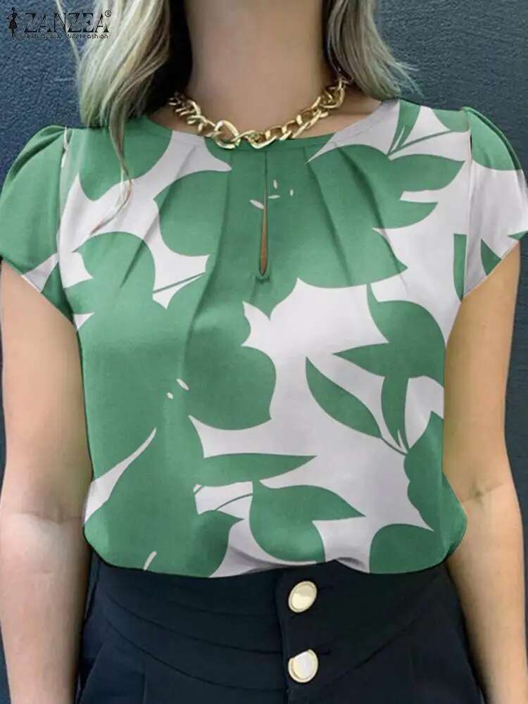 ZANZEA Summer Fashion Ral Printed Blouse Bohemian Holiday Tops Woman Elegant Short Sleeve Work Shirt Casual Pleated Blsuas