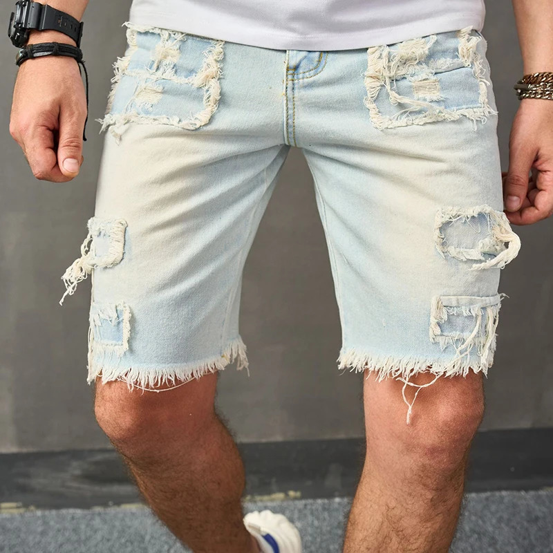 Y2K style open top n mens denim shorts summer trend solid color slim fit jeans retro straight 250312