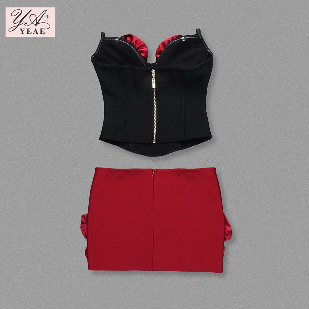 2024 New Red Color Women Sexy Strapless Rals 2 Pieces Bodycon Bandage Mini Dress Celebrate Nightclub Party Birthday Outfit