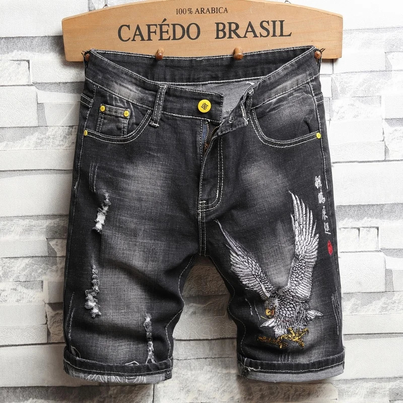 Summer fashion mens denim shorts with Chinese style y classic black stretch slim fit casual trend street clothing 250312