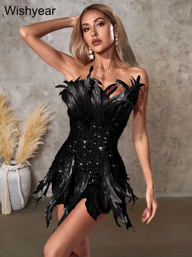 Year Birthday Party Women Short Dress Sexy Off Shoulder Strapless Glitter Sequin Veet Feather Evening Prom Vestidos
