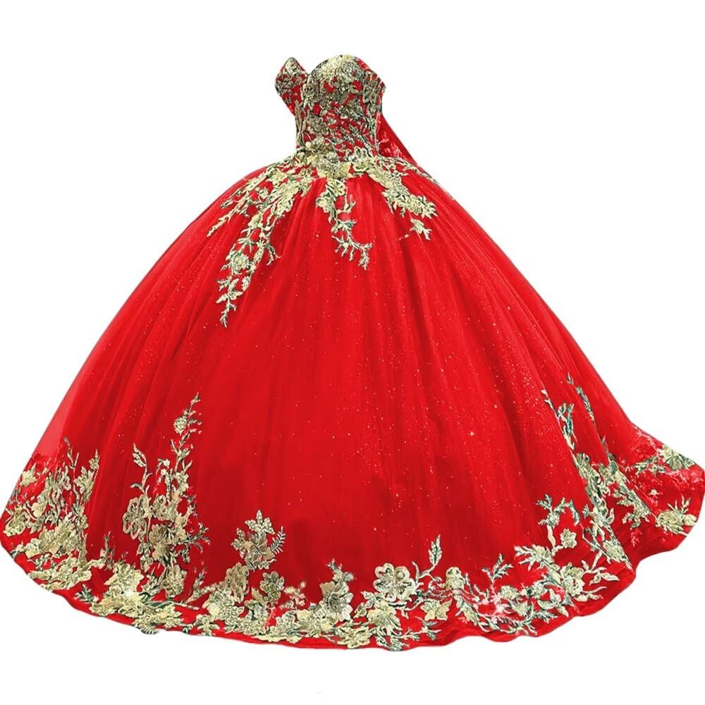 Ball Gown Quinceanera Dresses Gold Appliques Sweetheart Lace-up Plus Size Tulle Sweet 15 16 Princess Birthday Party Gowns Vestidos De 15 Anos QD09