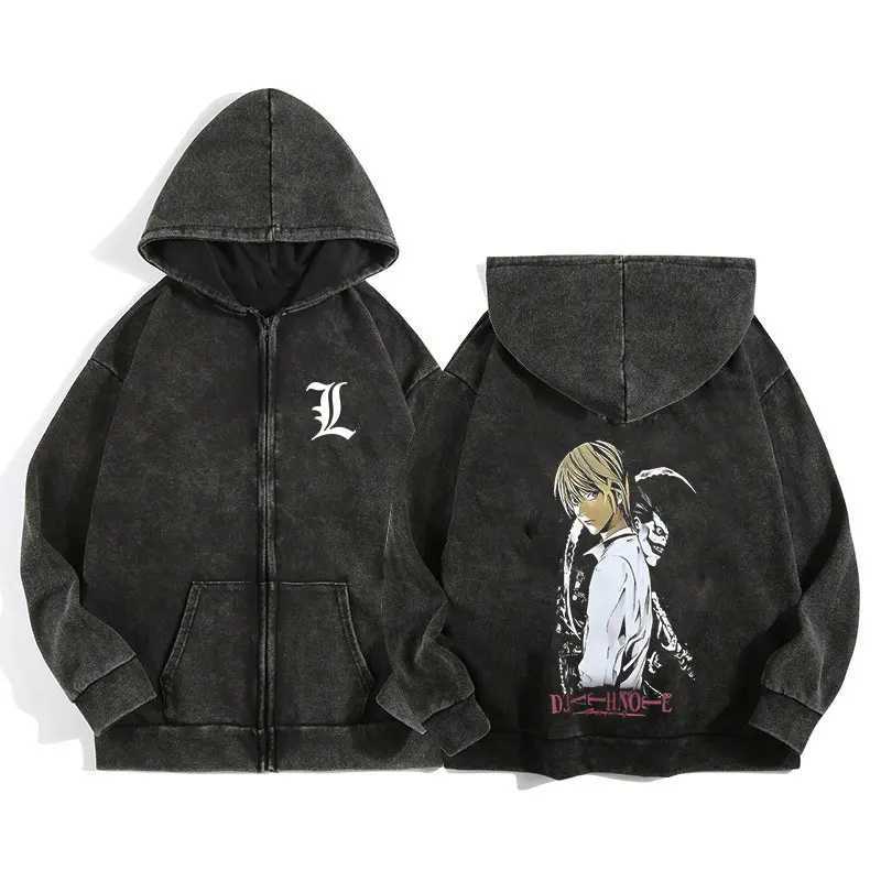Harajuku Retro Washed Zip Up Hoodie Anime Death Note Print Jacket Gothic Graphic Cotton Men Women Zipper Hooded SweatshirtT250312