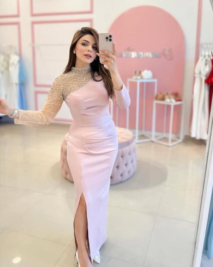 Pink Princess Saudi Sheath Evening Dresses Sexy Slit Long Sleeve Sparkly Beaded Customsized Arabic Prom Gown Garment 2025