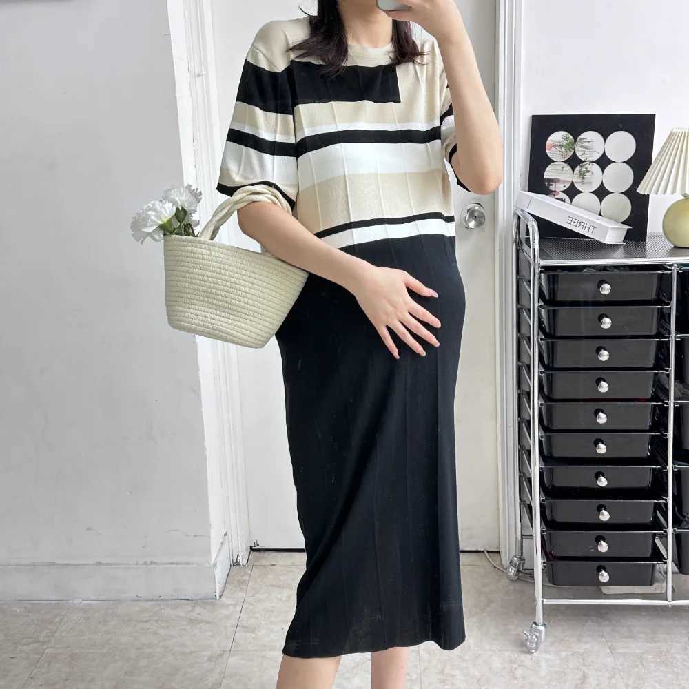 Korean Style Maternity Knit Dresses Summer Turn-down Collar Short Sleeve Block Color Striped Patchwork Pregnant Woman ClothesT250311