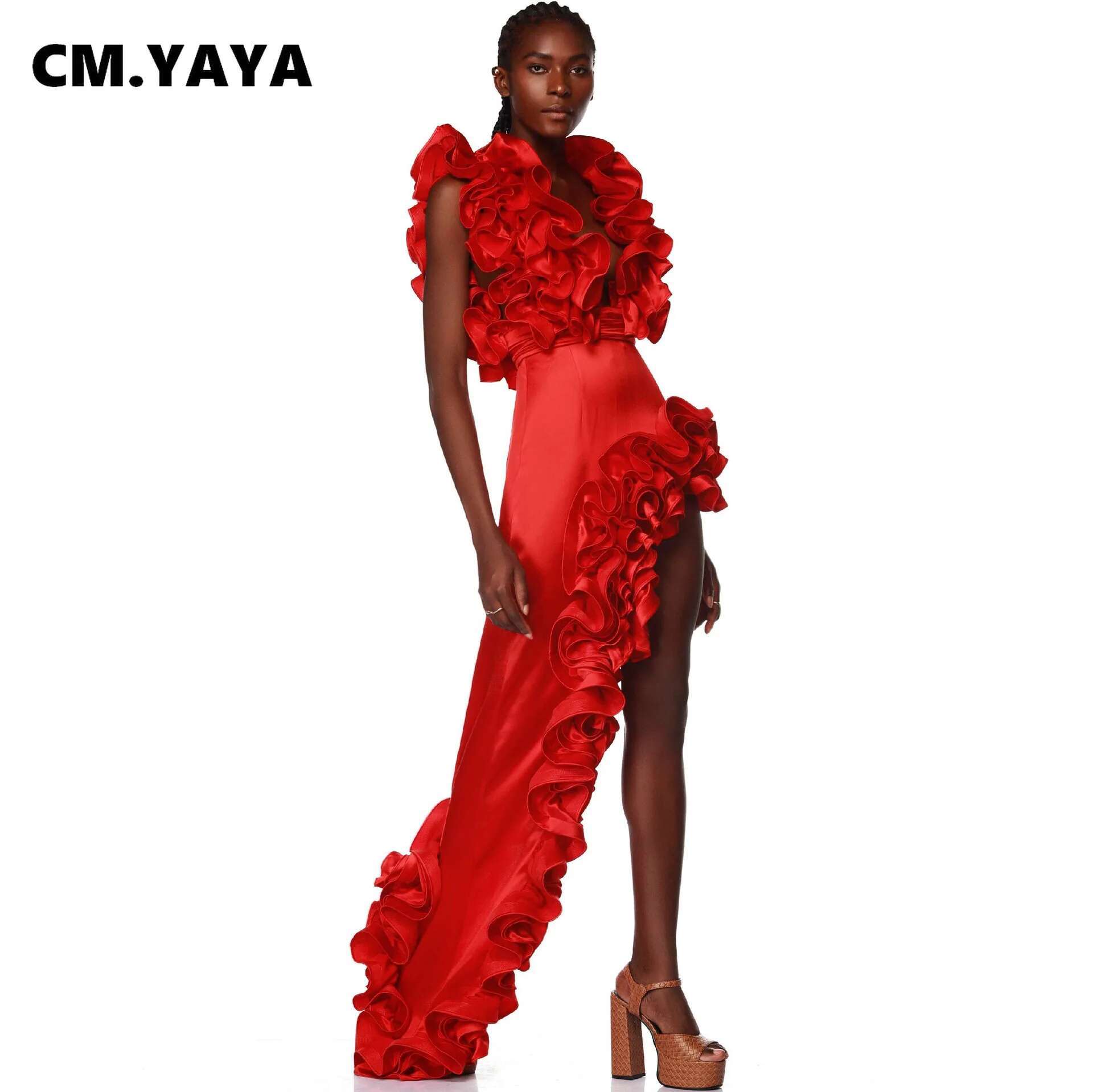 Cm.Yaya Women Streetwear 2 Two-Piece Suits Sexy Beach Holiday Ruffles Asymmetrical V-Neck Bodysuit+Long Skirts Bikinis Sets