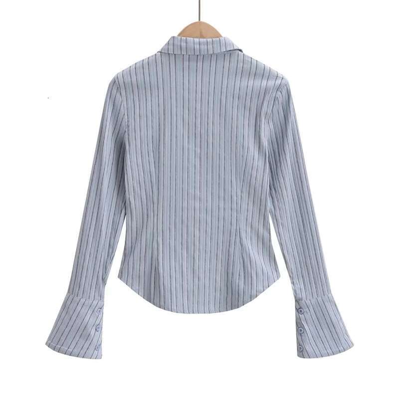 KEYANKETIAN New Launch Women's Necktie Decoration Striped Shirt Preppy Style Single Breasted Flare Sleeve Slim Blouse Crop Top