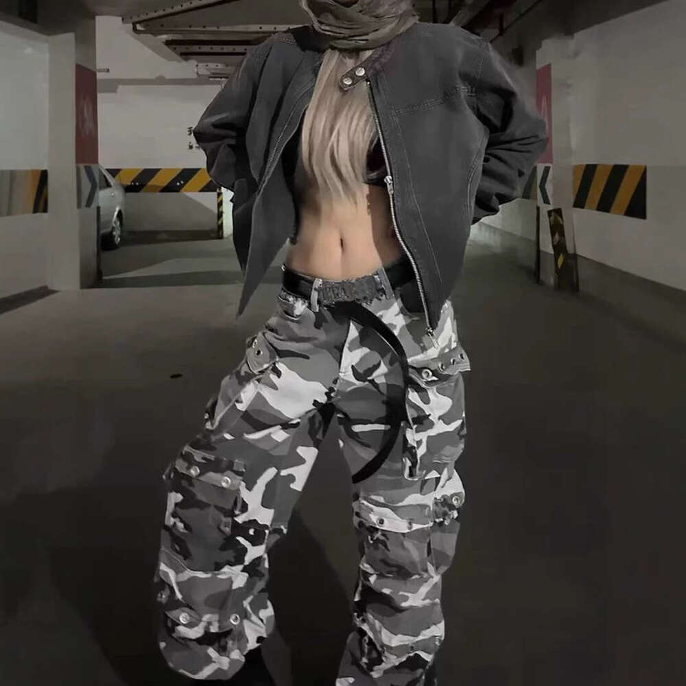 Cargo Black And White Camouflage Denim Spliced Waist Multi Pocket Shell Work Pants Y2k