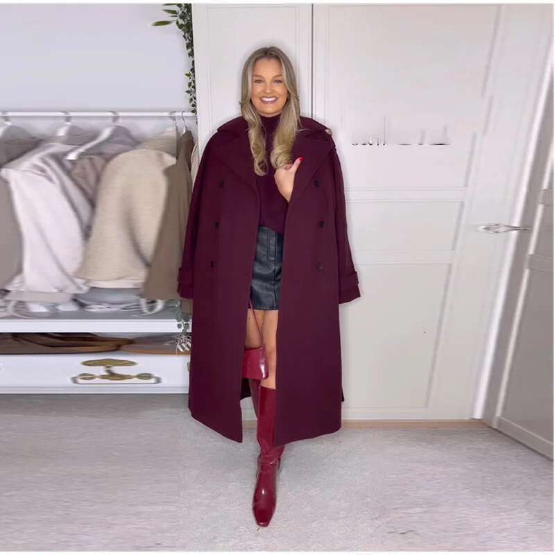 Elegant Bury Woolen Overcoat With Belt For Women Sleeve Lapel Loose Long Trench Autumn High Street New Lady Coats