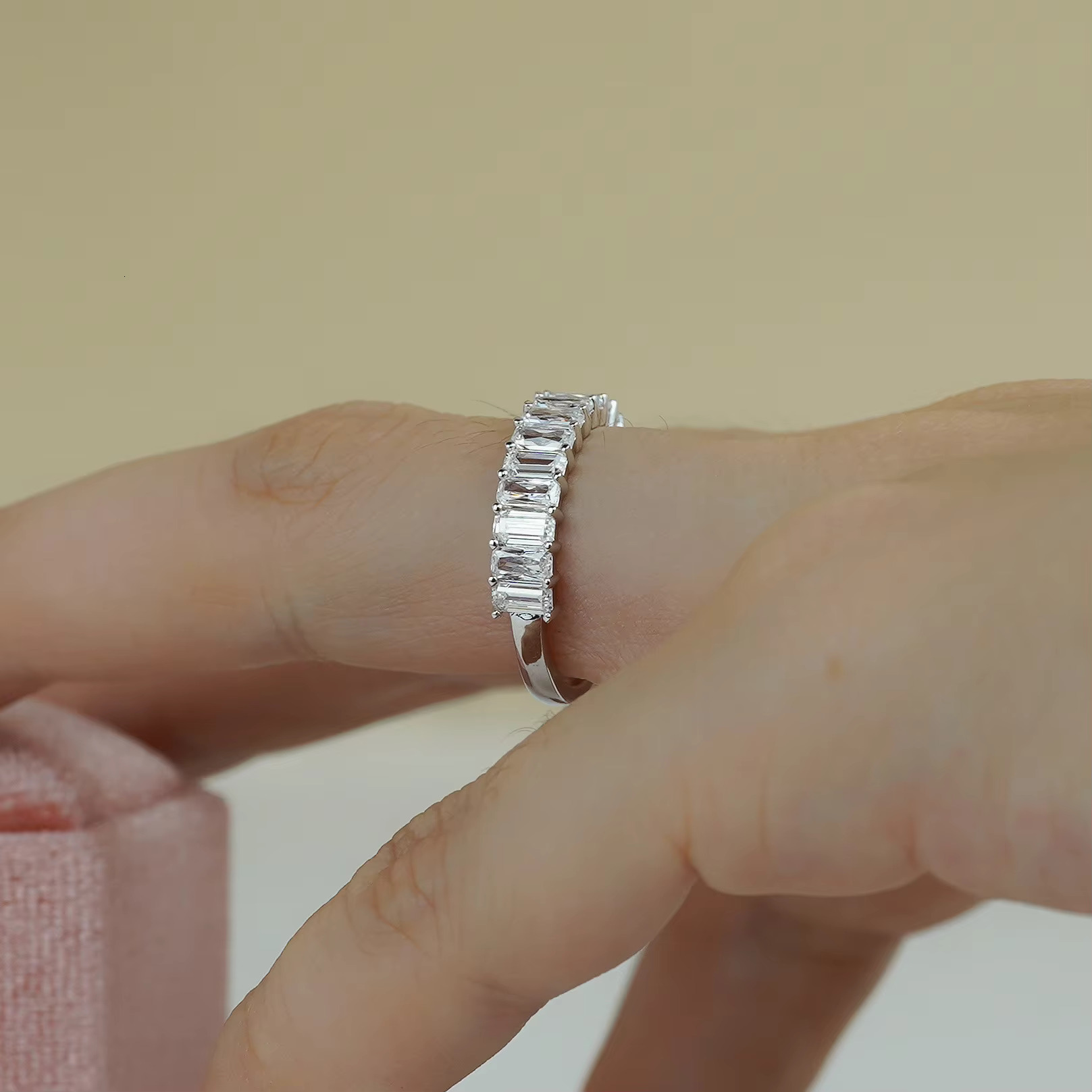 Valentines Day Gift Emerald Moissanite Eternity Ring Sterling Silver Gold Plated Full and Half Inlaid Moissanite Diamond Ring