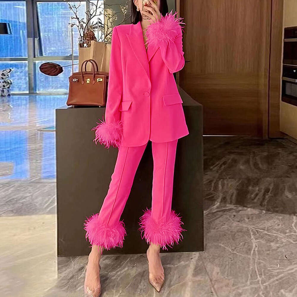 2025 Spring And Autumn New Internet Celebrity Ostrich Hair Suit Two Piece Temperament Dress Women's Pants Set