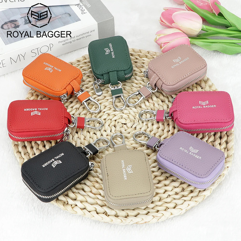 Royal Bagger Mini Portable Zipper Earphone Bag Leather Small Key Wallet with Keychain Fashion Simple 2901 250311
