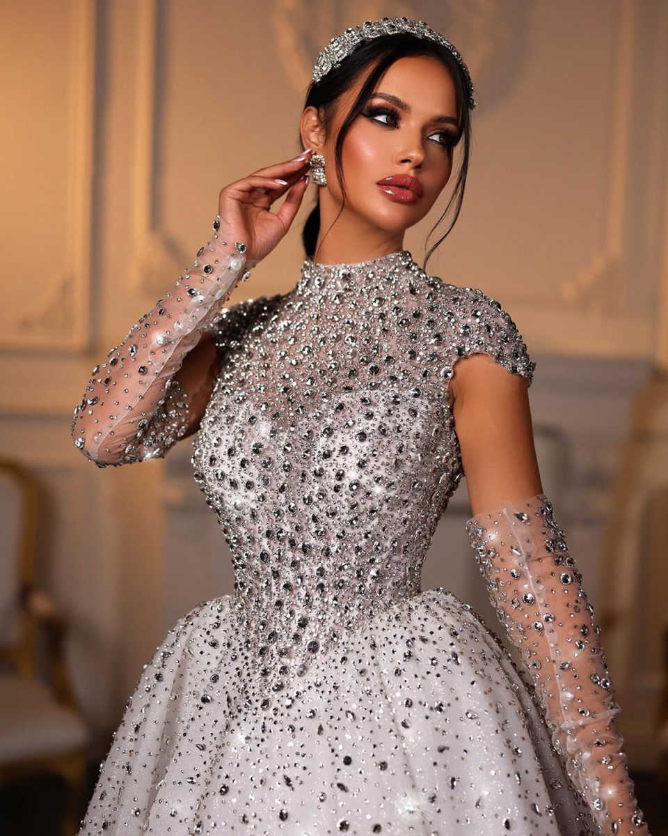Heavy Handmade Beading Wedding Dresses Sparkly High Neck Removable Long Sleeve Bridal Gowns Sexy Bride Dress Customized