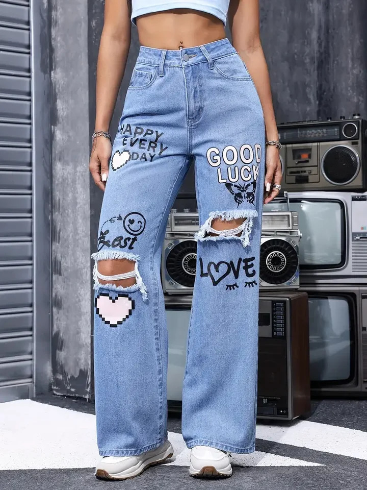 Womens High Waist Button Up Print Jeans Fashion Casual Straight Pants for Women Spring Summer Chic Ripped 250311