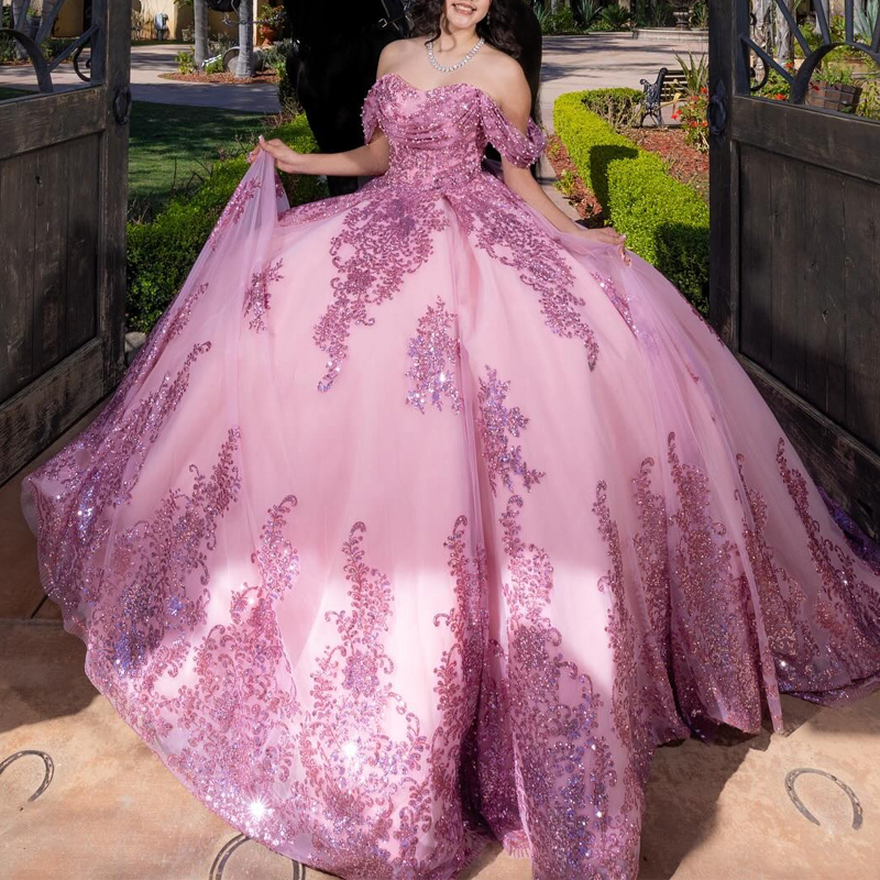 Pink Shiny Quinceanera Dresses Ball Gown Off The Shoulder Sequin Applique Lace Beading Tull Party Birthday Sweet16 Vestidos 15 De Anos