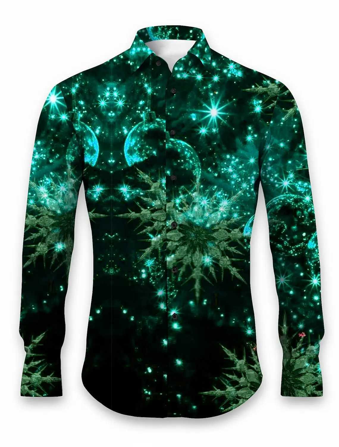 2024 Christmas themed mens 3D printed formal shirt with gold snowflake graphic long sleeved fashionable mens shirt W250312