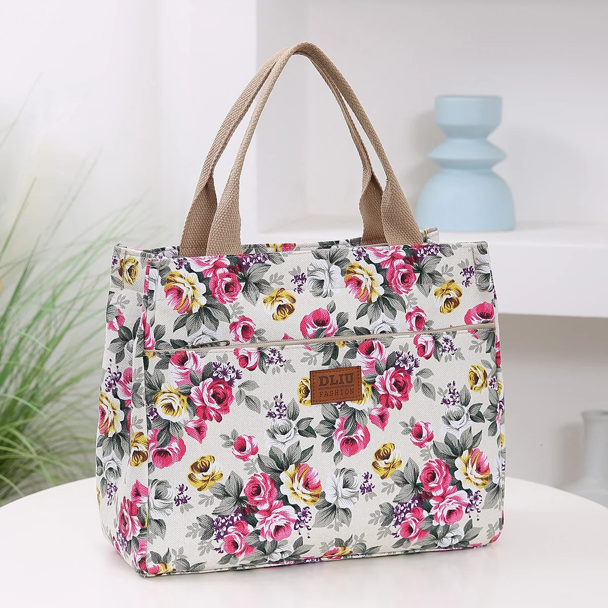 Fashion Floral Print Tote Bag Portable Canvas Lunch Womens Casual Handbag Bento Mommy For Picnic Travel 250304
