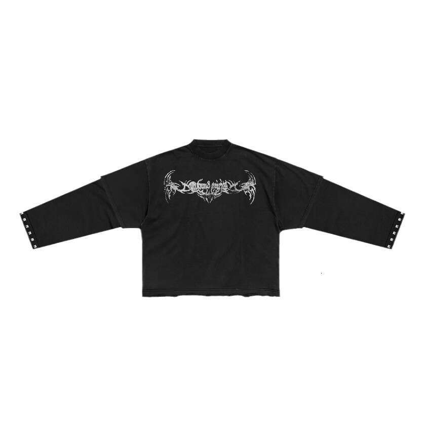 American style dark themed personalized street fake two-piece round neck long sleeved new printed loose fitting unisex top