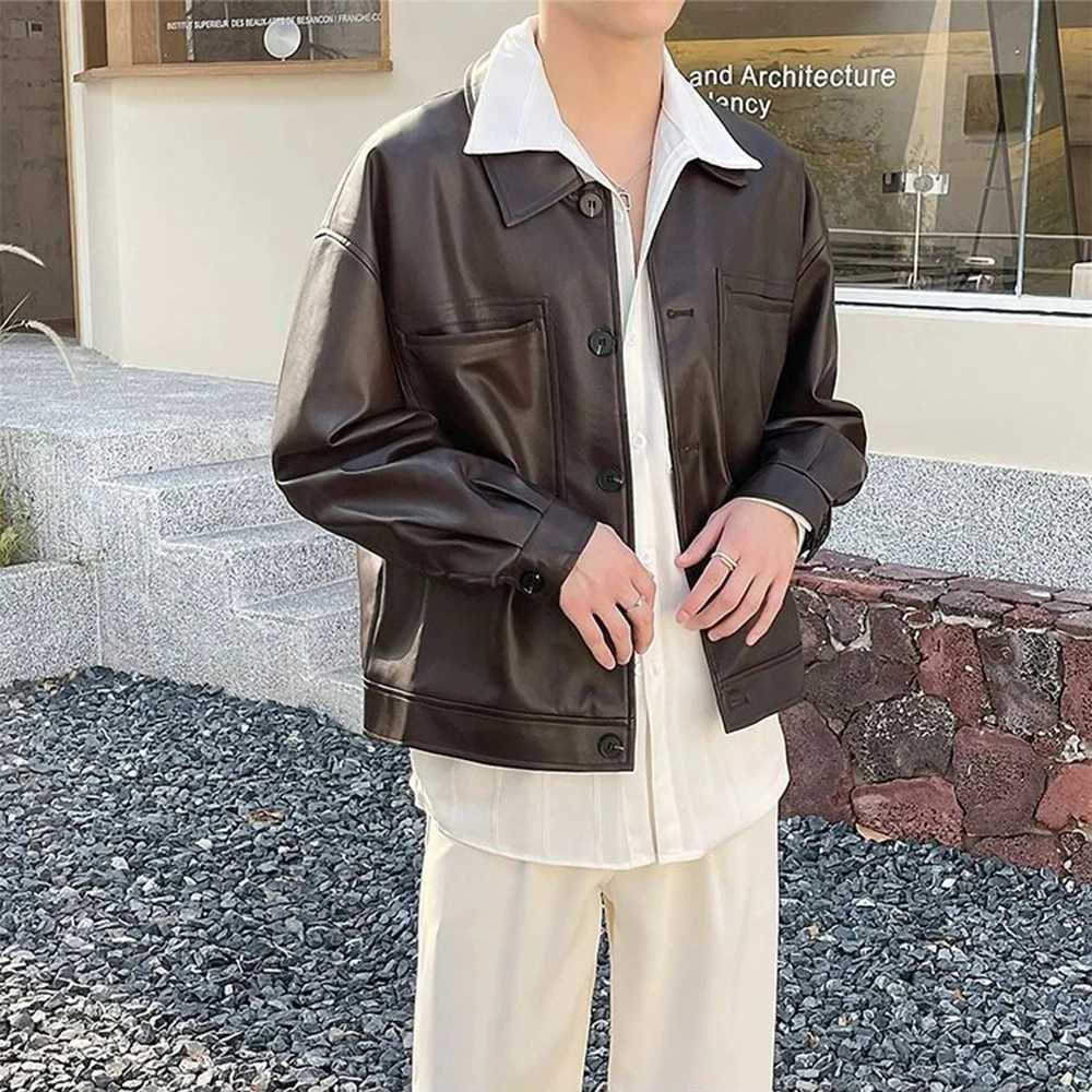 Autumn Mens Fashion Y2k Leather Jacket Trend Solid Color Lapel Casual Short American Street Slim Motorcycle Leather Jacket MenT250311