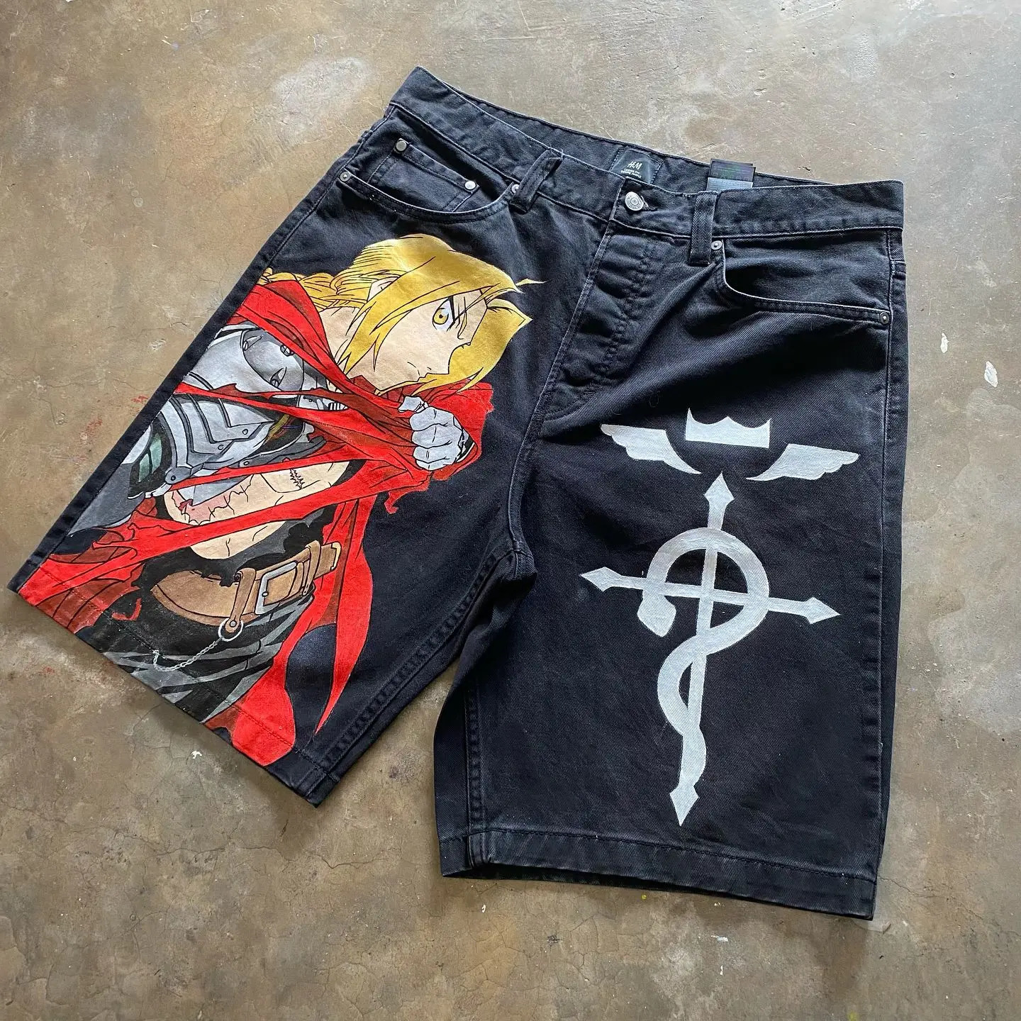 Japanese cartoon anime character graphic printing hip-hop denim shorts Y2k Harajuku retro straight waist street mens and womens shorts 250310