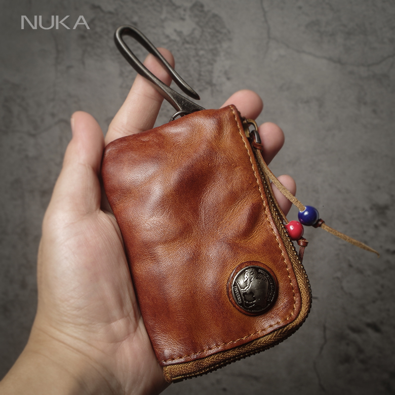 Top Cowhide Car Key Bags Men Women Vintage Zipper Coin Purse Genuine Leather Wallet Card Holde |Housekeeper Home Organizer 250311